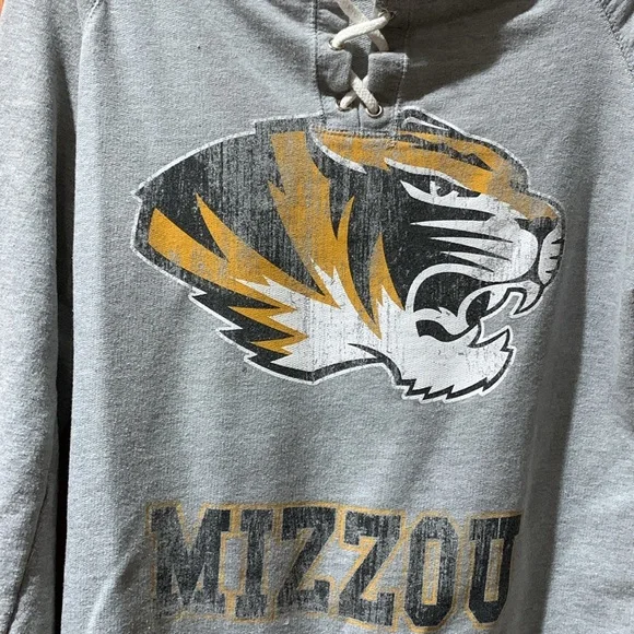 Cute distressed, heathered grey sweatshirt Mizzou tigers and lace up neck detail - Picture 2 of 4